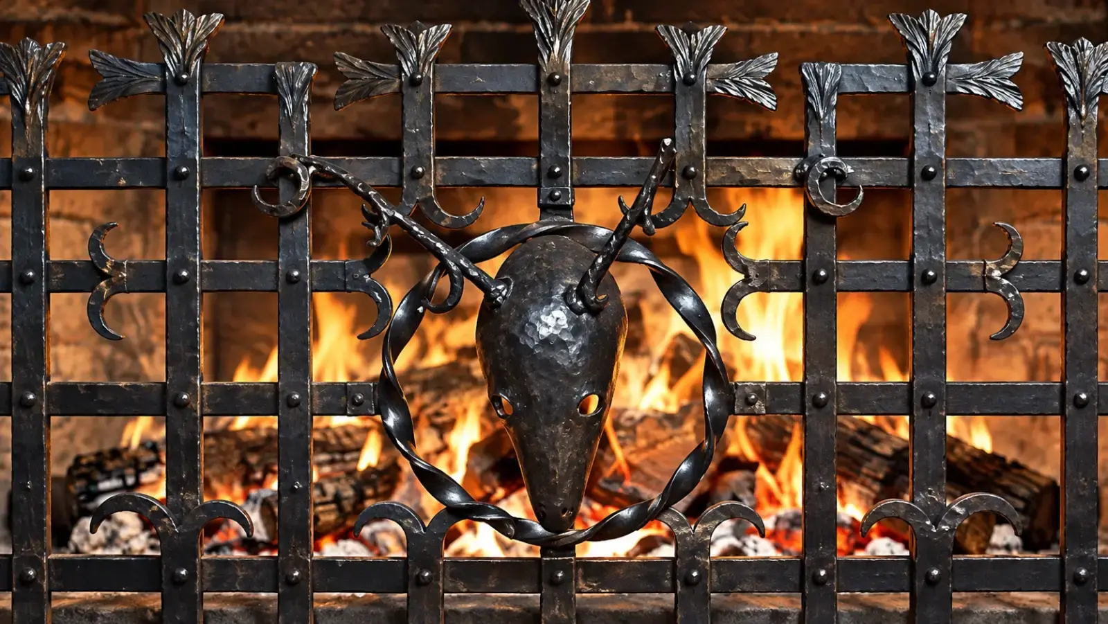 A hand-forged iron fireplace grate with a boar's head, in front of a log fire