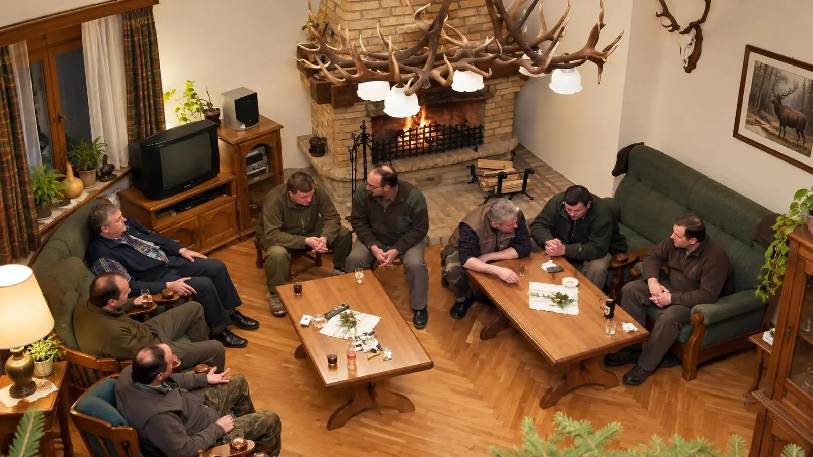 Hunters in conversation around a fireplace in a lodge, under an antler chandelier