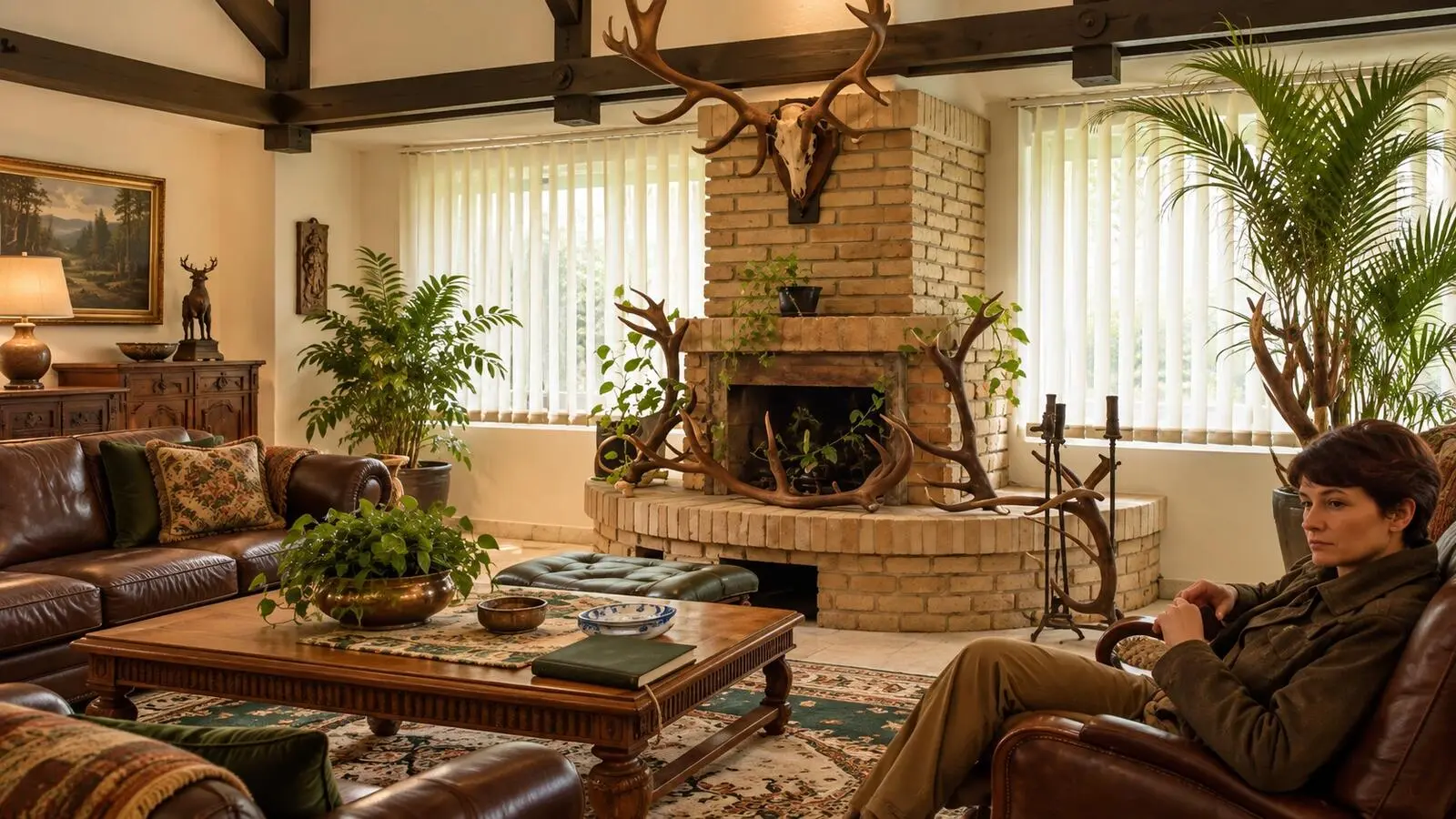 A lodge sitting room with a brick fireplace, antlers and leather armchairs