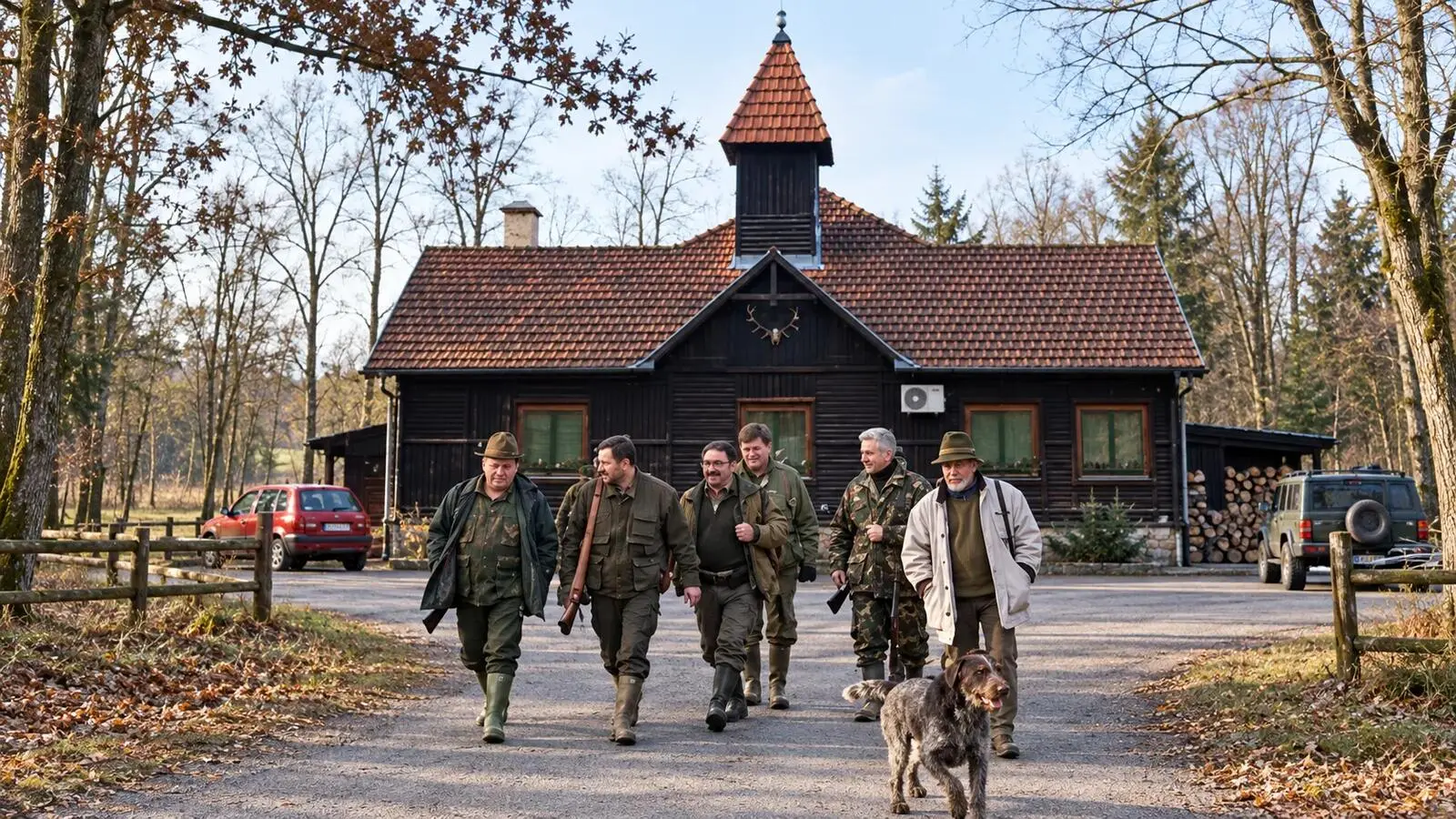 A hunting party with a dog leaving a timber hunting lodge